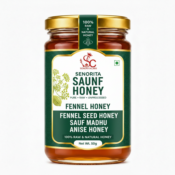 A 50g glass jar of Senorita Saunf Honey (Fennel Honey) with a gold lid and a green and white label, shown on a clean white background.Buy Senorita Honey Now At SenoritaCare Store- By SenoritaCare