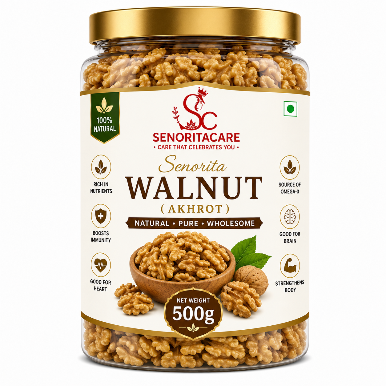 Senorita Walnut (Akhrot) 500g premium natural walnuts front view rich in omega 3 healthy dry fruits by SenoritaCare
