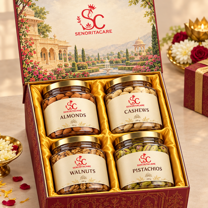 Concept illustrated corporate dry fruits gift box with four jars. senorita corporate dry fruits gift box