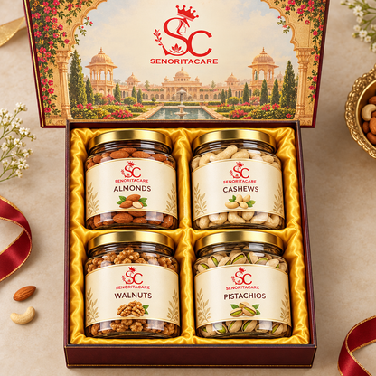 Concept overhead view of four dry fruit jars in gift box