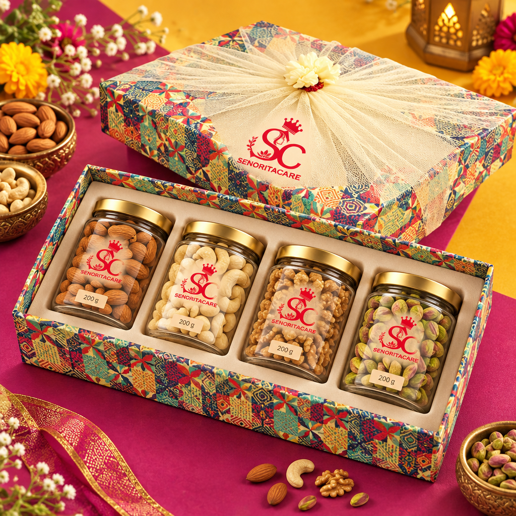 Concept open patterned box with four dry fruit portions