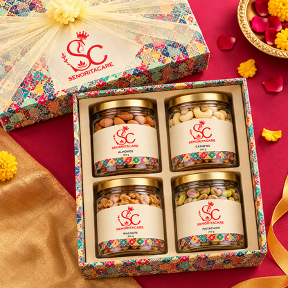 Concept overhead four-variety dry fruit gift box