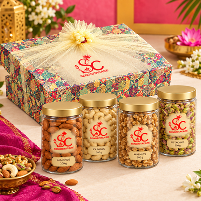 Concept gift box with almonds cashews walnuts and pistachios