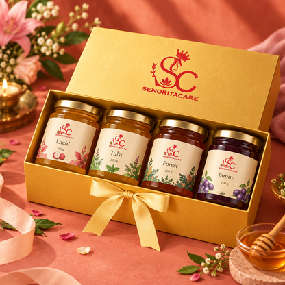 Concept honey gift set on terracotta and blush background