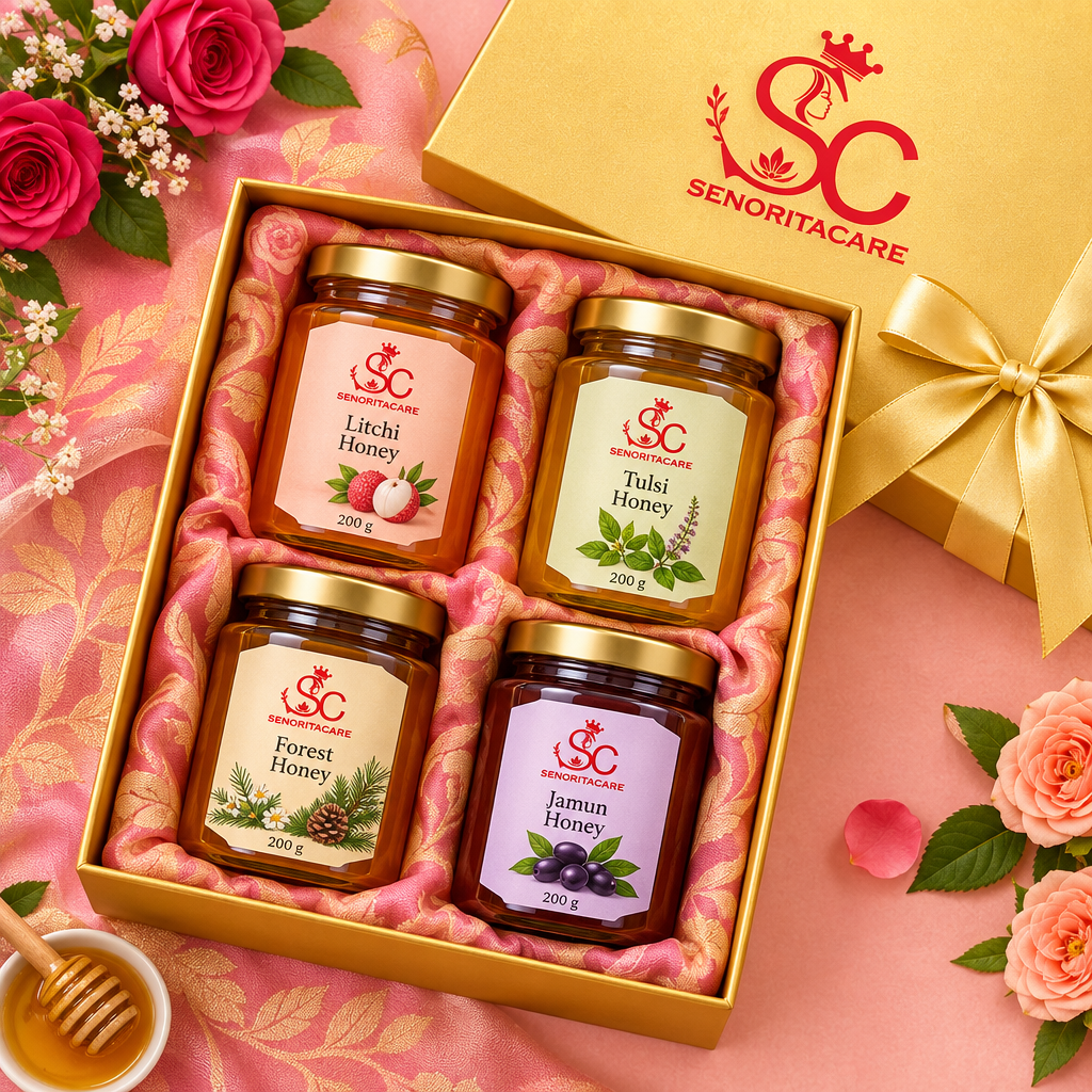 Concept overhead honey gift pack on colourful fabric